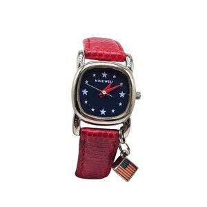 Nine West Womens Patriotic Watch With Red Faux Leather Strap Silver Tone Case